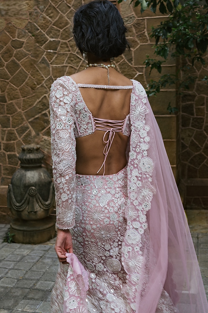 Muted Pink Tulle Metallic & Floral Embroidered Layered Skirt Set by Mishru at Pernia's Pop Up Shop