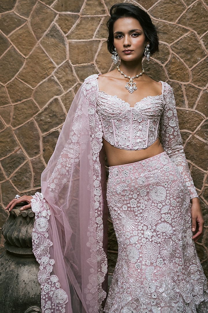 Muted Pink Tulle Metallic & Floral Embroidered Layered Skirt Set by Mishru at Pernia's Pop Up Shop