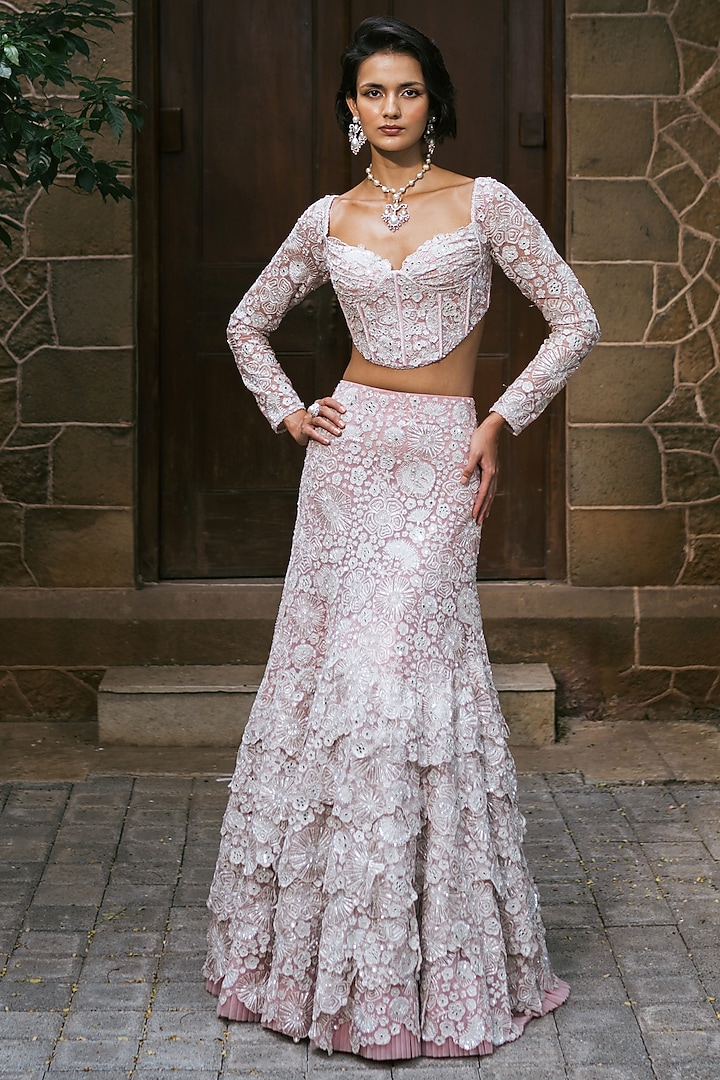 Muted Pink Tulle Metallic & Floral Embroidered Layered Skirt Set by Mishru at Pernia's Pop Up Shop