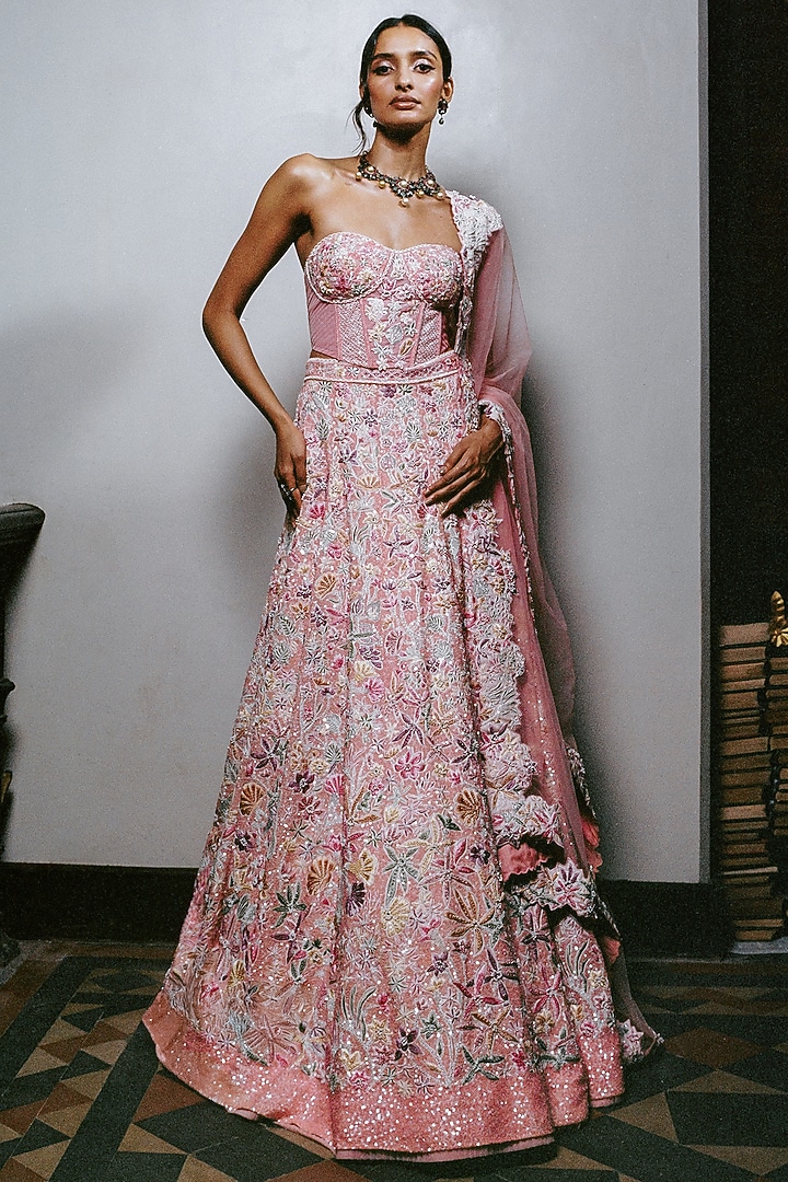 Blush Pink Tulle & Organza Sequin Embroidered Bridal Lehenga Set by Mishru at Pernia's Pop Up Shop