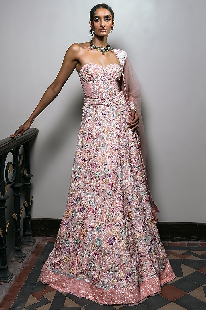 Blush Pink Tulle & Organza Sequin Embroidered Bridal Lehenga Set by Mishru at Pernia's Pop Up Shop