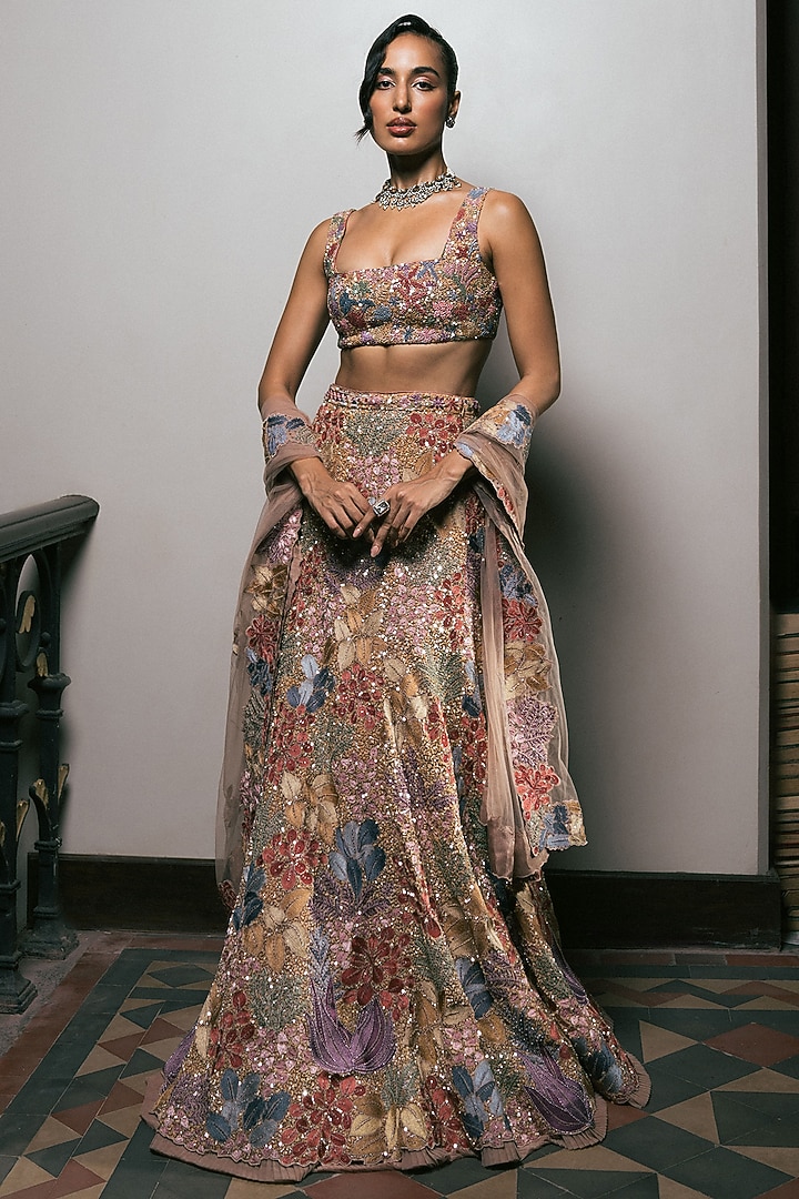 Gold Tulle Sequin Embroidered Fish-Cut Skirt Set by Mishru at Pernia's Pop Up Shop