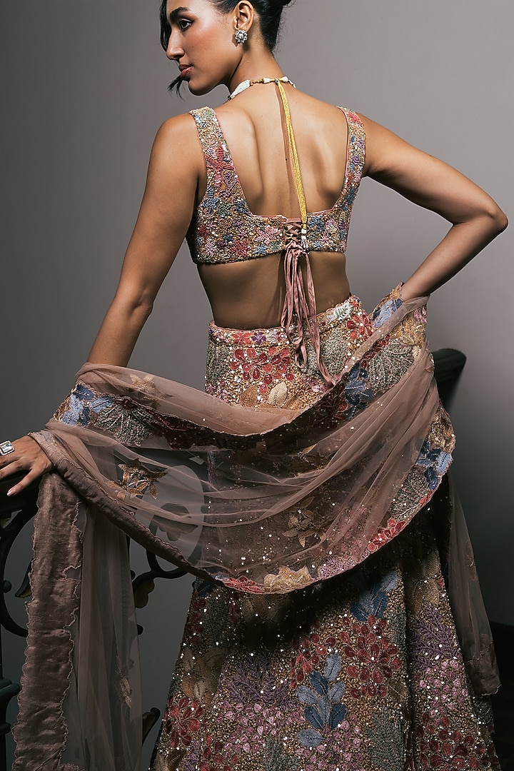 Gold Tulle Sequin Embroidered Fish-Cut Skirt Set by Mishru at Pernia's Pop Up Shop