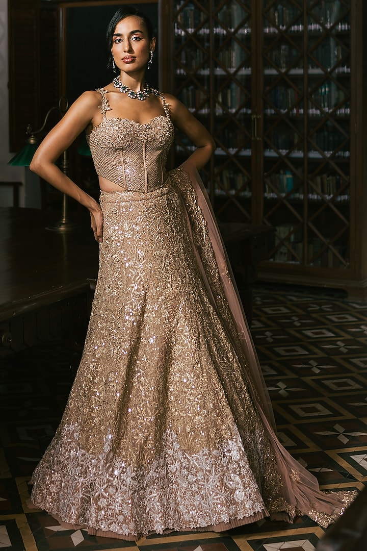 Gold Organza Metallic & Floral Embroidered Bridal Lehenga Set by Mishru at Pernia's Pop Up Shop
