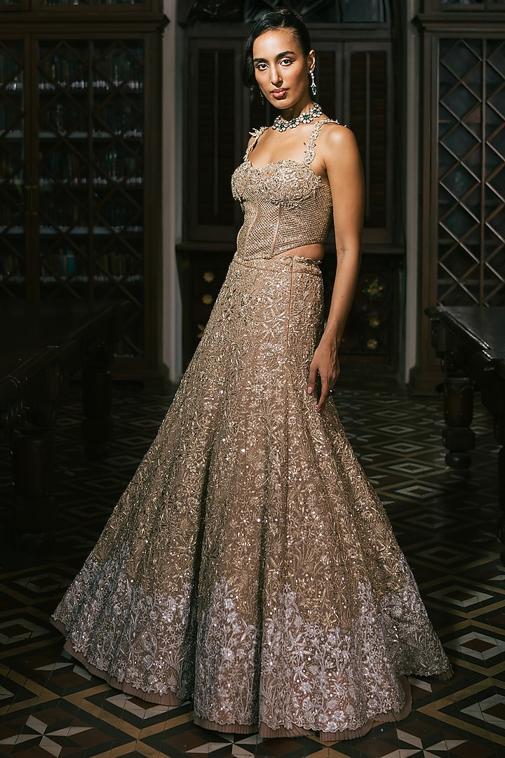 Gold Organza Metallic & Floral Embroidered Bridal Lehenga Set by Mishru at Pernia's Pop Up Shop