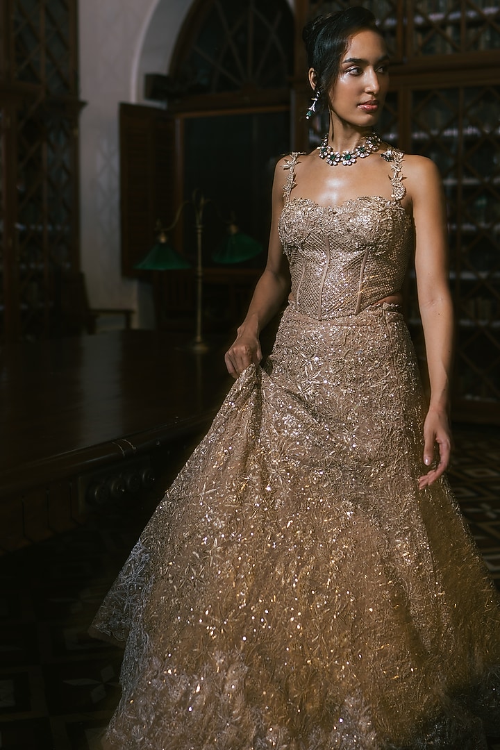 Gold Organza Metallic & Floral Embroidered Bridal Lehenga Set by Mishru at Pernia's Pop Up Shop