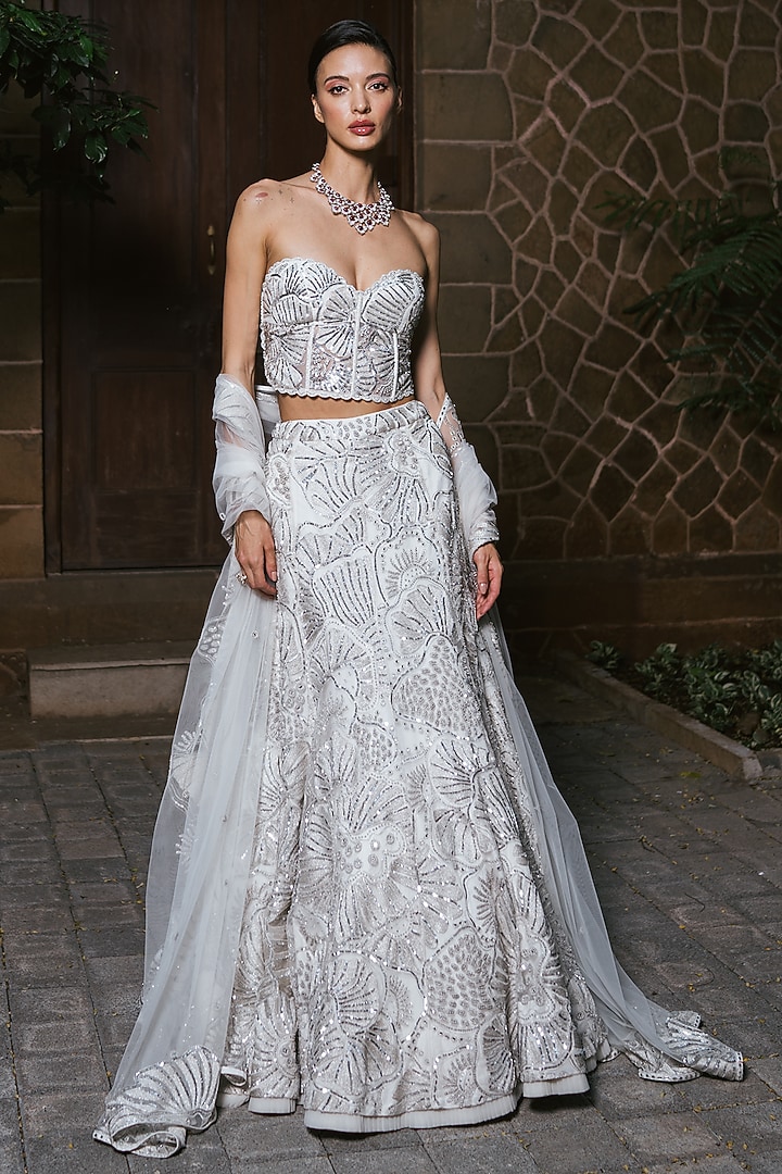 Ivory Tulle Embroidered Skirt Set by Mishru at Pernia's Pop Up Shop