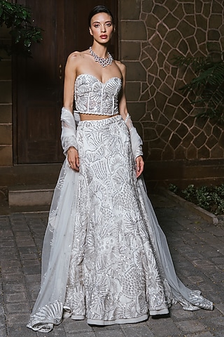 Ivory Tulle Embroidered Skirt Set by Mishru