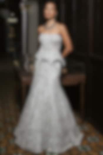 Ivory Tulle Floral Embroidered Skirt Set by Mishru at Pernia's Pop Up Shop