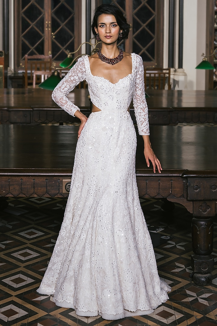 Ivory Tulle Floral Embroidered Bridal Gown by Mishru at Pernia's Pop Up Shop