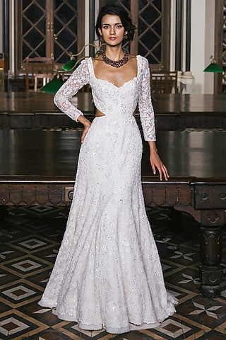 Ivory Tulle Floral Embroidered Gown by Mishru