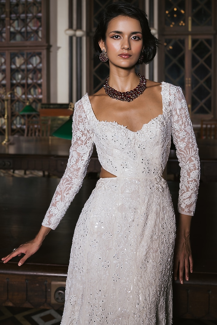 Ivory Tulle Floral Embroidered Bridal Gown by Mishru at Pernia's Pop Up Shop