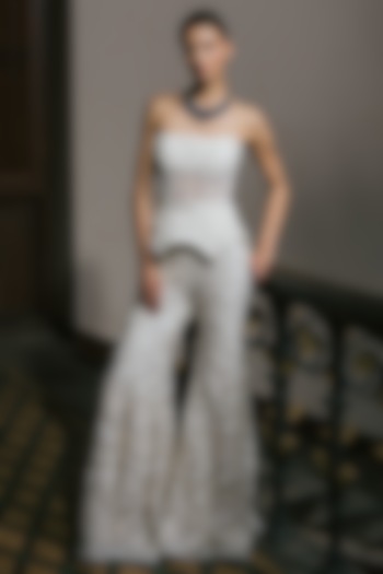 Ivory Tulle Floral Embroidered Pant Set by Mishru at Pernia's Pop Up Shop