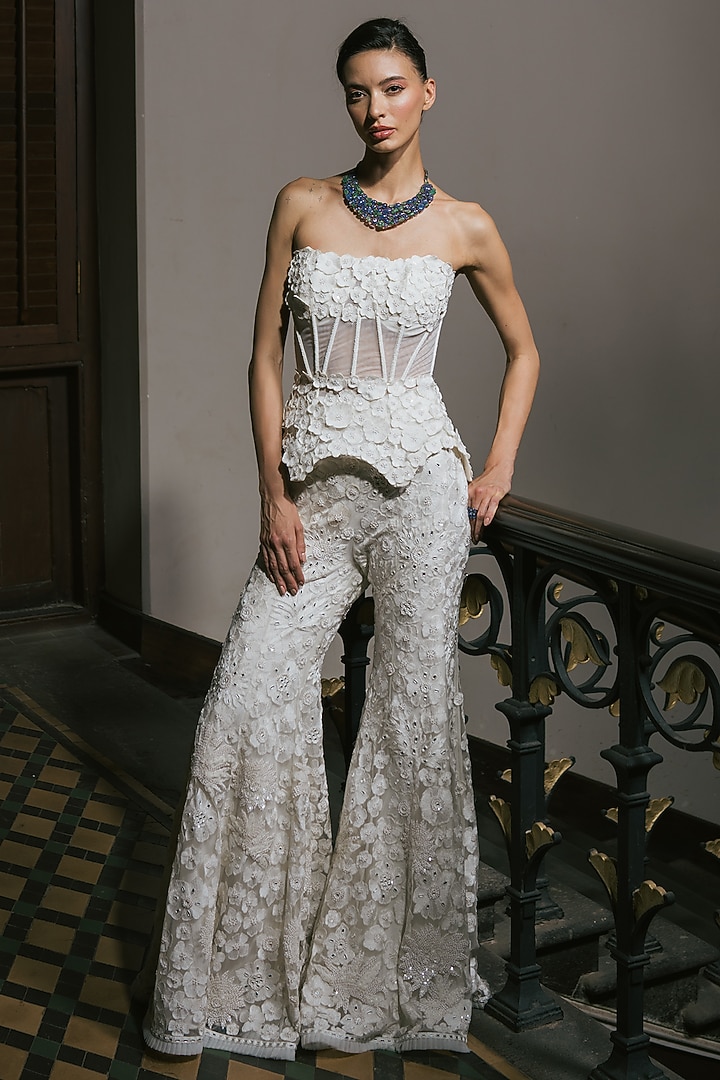 Ivory Tulle Floral Embroidered Pant Set by Mishru at Pernia's Pop Up Shop