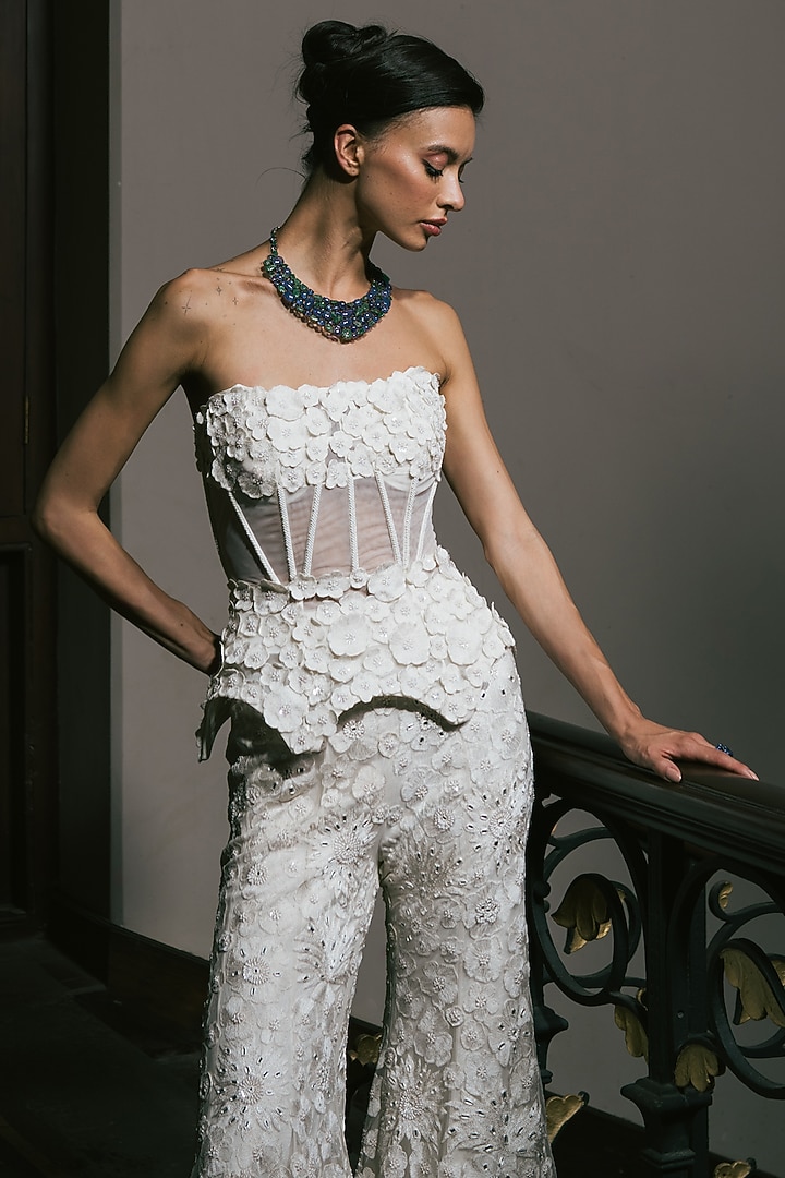 Ivory Tulle Floral Embroidered Pant Set by Mishru at Pernia's Pop Up Shop
