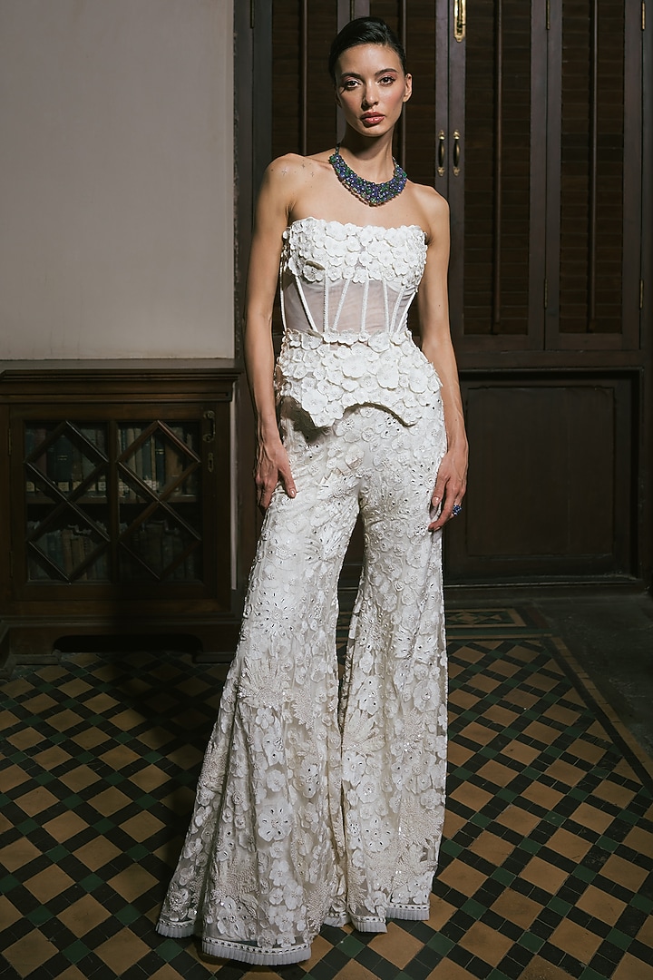 Ivory Tulle Floral Embroidered Pant Set by Mishru at Pernia's Pop Up Shop