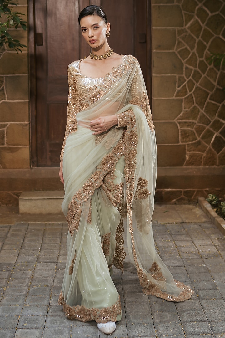 Mint Green Tulle Floral Embroidered Jacket Bridal Saree Set by Mishru at Pernia's Pop Up Shop