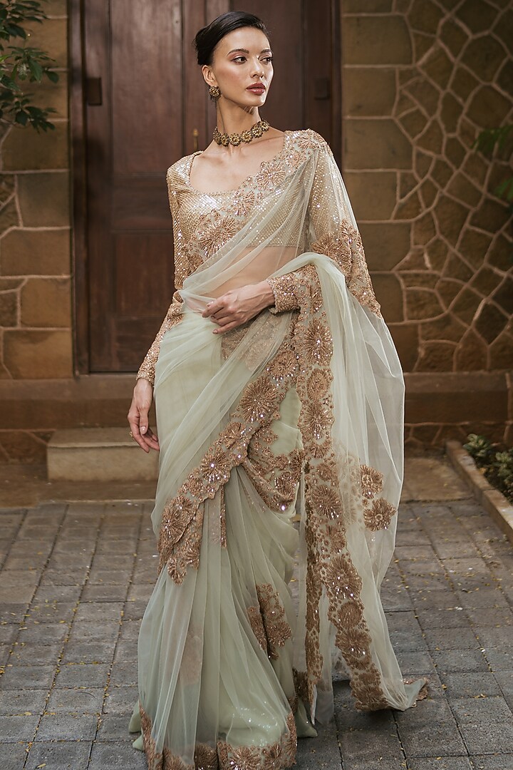 Mint Green Tulle Floral Embroidered Jacket Bridal Saree Set by Mishru at Pernia's Pop Up Shop