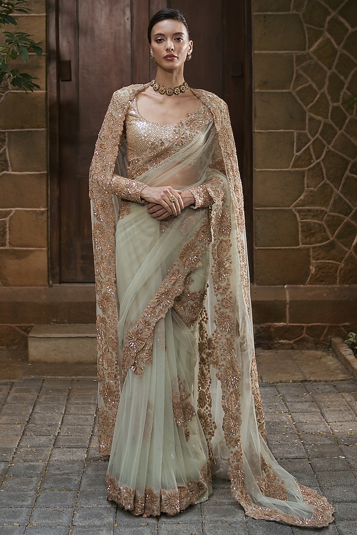 Mint Green Tulle Floral Embroidered Jacket Bridal Saree Set by Mishru at Pernia's Pop Up Shop