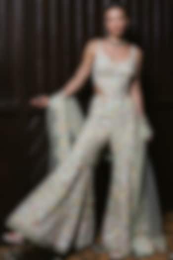 Mint Green Tulle Applique Embroidered Pant Set by Mishru at Pernia's Pop Up Shop