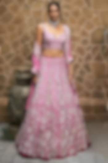 Bright Pink Ombre Tulle Floral Embroidered Bridal Lehenga Set by Mishru at Pernia's Pop Up Shop