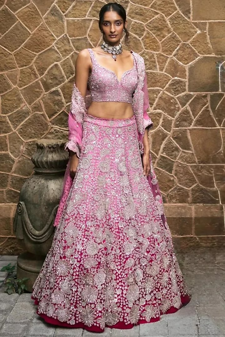 Bright Pink Ombre Tulle Floral Embroidered Bridal Lehenga Set by Mishru at Pernia's Pop Up Shop