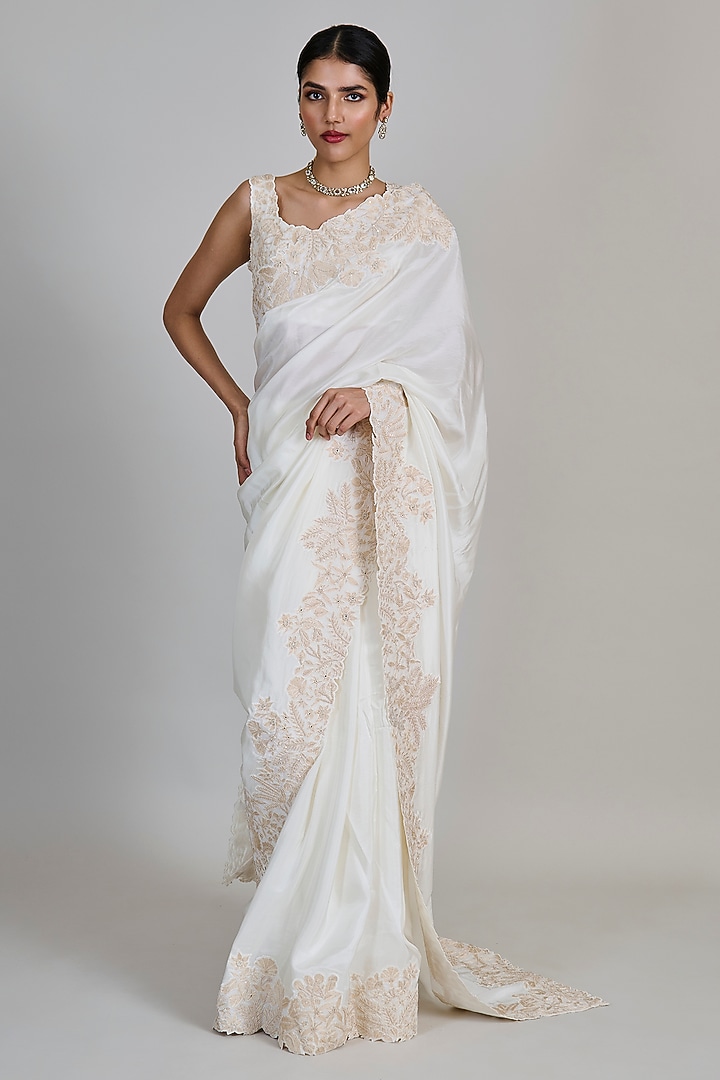 Ivory & Golden Silk Bridal Saree Set by Mishru at Pernia's Pop Up Shop