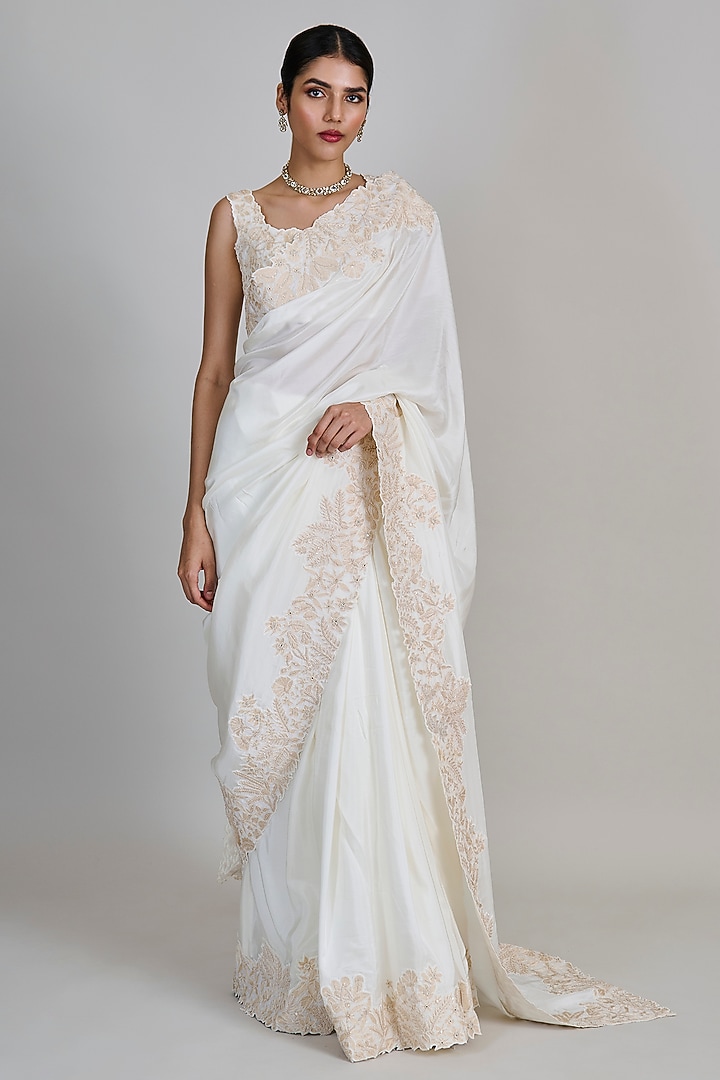Champagne Organza Embroidered Bridal Saree Set by Mishru at Pernia's Pop Up Shop