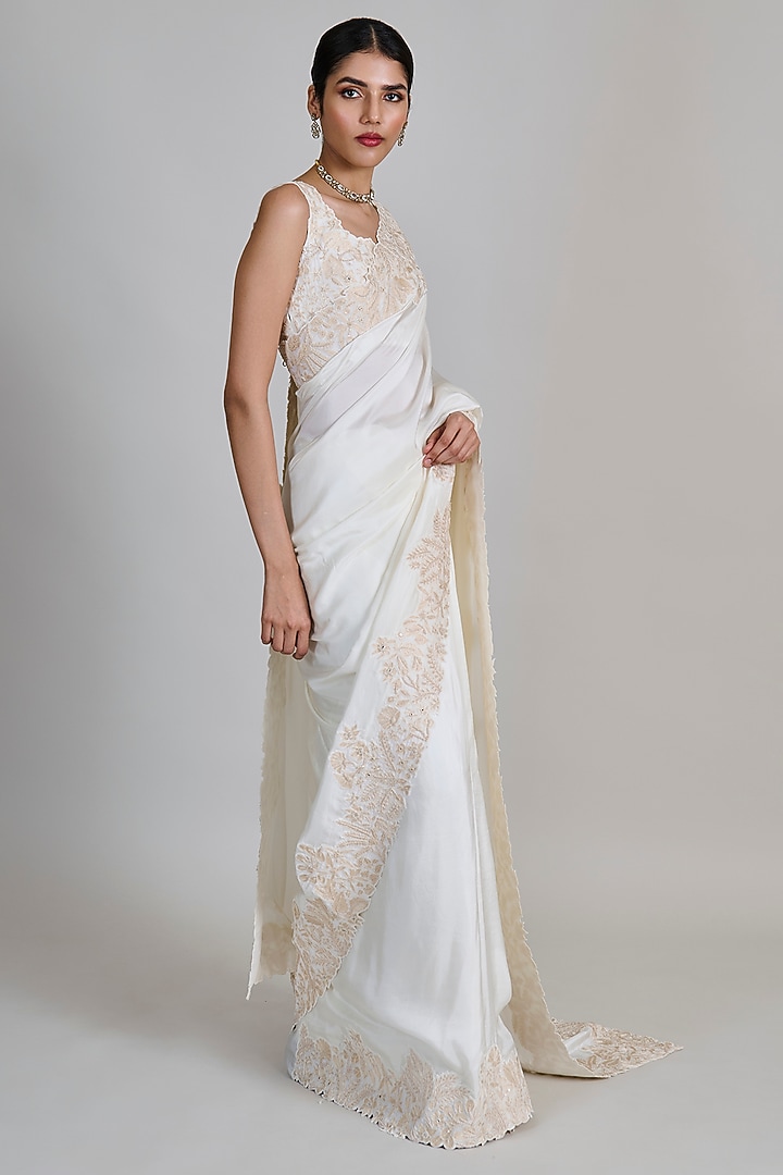 Champagne Organza Embroidered Bridal Saree Set by Mishru at Pernia's Pop Up Shop