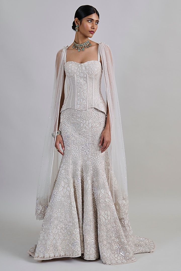 Ivory Tulle Embroidered Fish-Cut Bridal Lehenga Set by Mishru at Pernia's Pop Up Shop