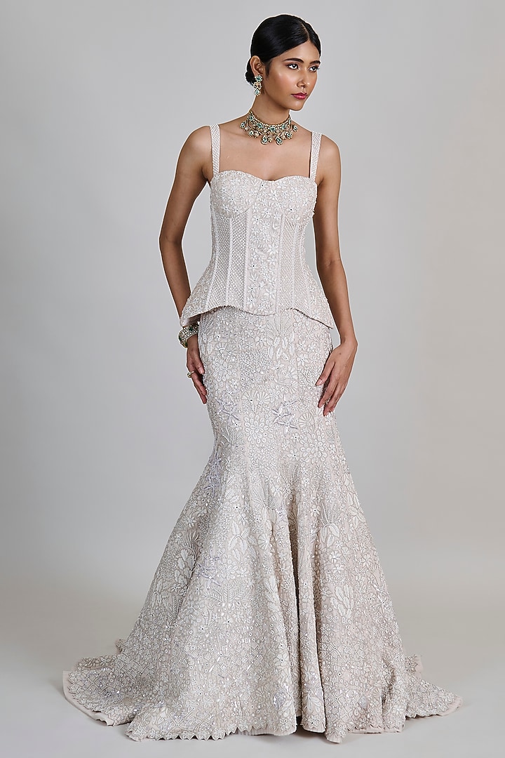Ivory Tulle Embroidered Fish-Cut Bridal Lehenga Set by Mishru at Pernia's Pop Up Shop