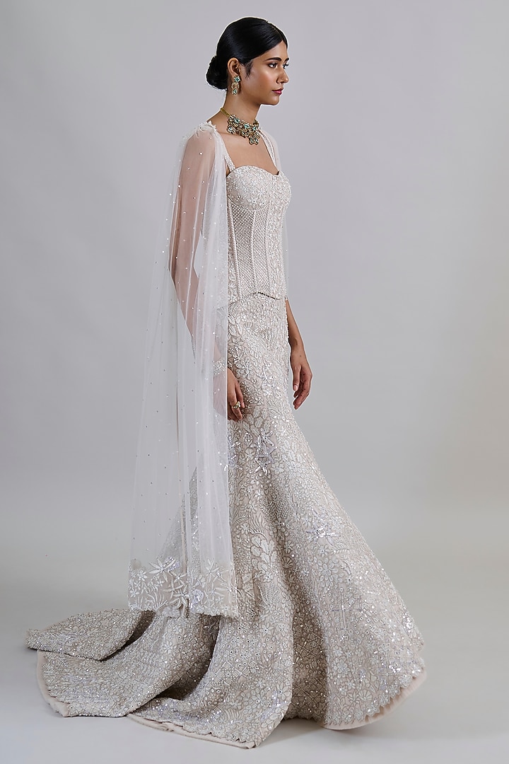 Ivory Tulle Embroidered Fish-Cut Bridal Lehenga Set by Mishru at Pernia's Pop Up Shop