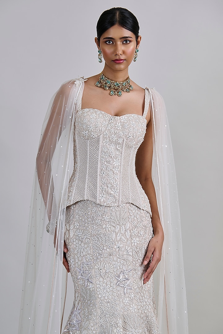 Ivory Tulle Embroidered Fish-Cut Bridal Lehenga Set by Mishru at Pernia's Pop Up Shop