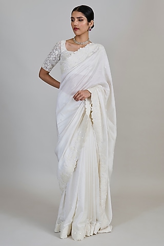 Ivory Chanderi Saree Set by Mishru