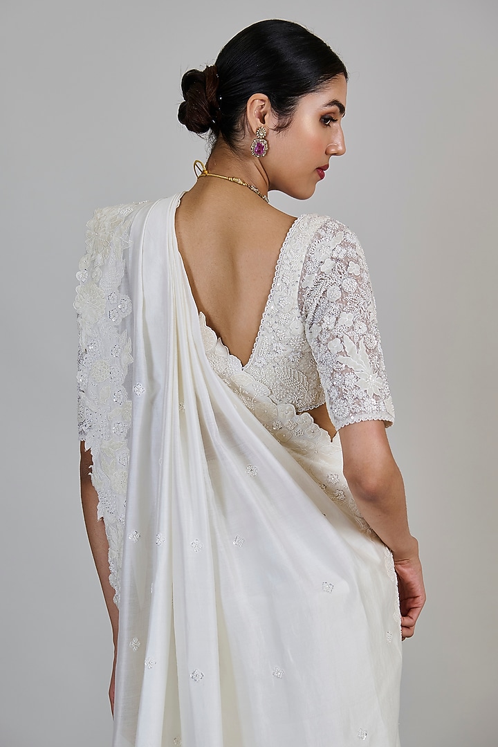 Ivory Chanderi Bridal Saree Set by Mishru at Pernia's Pop Up Shop
