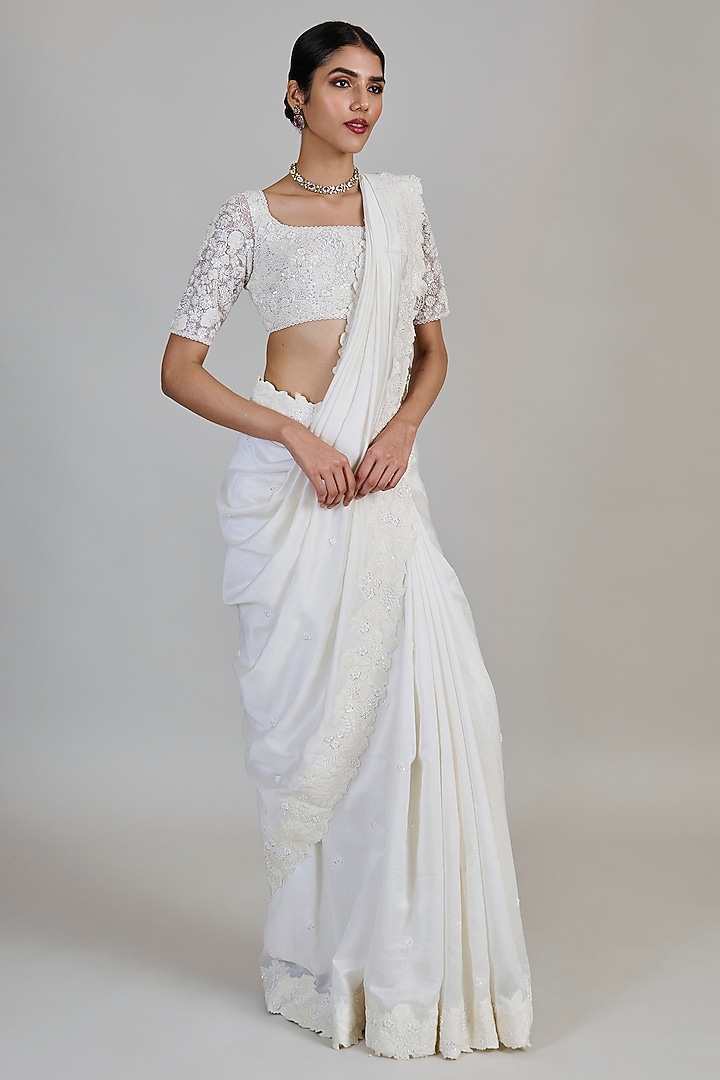 Ivory Chanderi Bridal Saree Set by Mishru at Pernia's Pop Up Shop