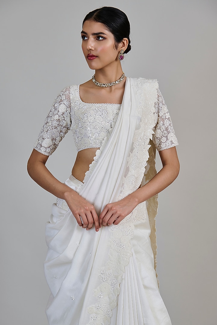 Ivory Chanderi Bridal Saree Set by Mishru at Pernia's Pop Up Shop