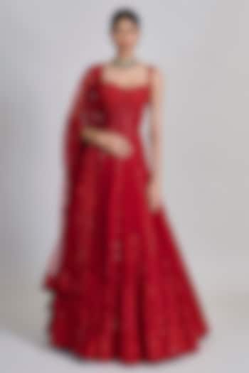 Red Organza Floral Bridal Lehenga Set by Mishru at Pernia's Pop Up Shop