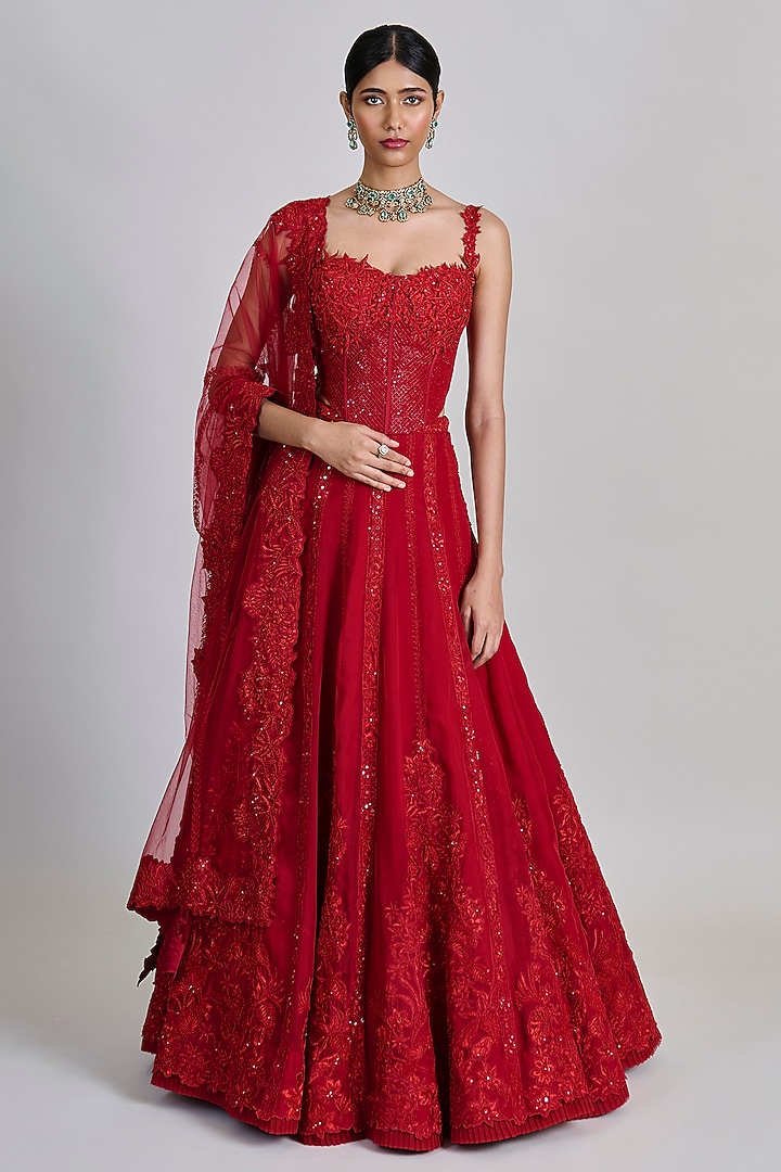 Red Organza Floral Bridal Lehenga Set by Mishru at Pernia's Pop Up Shop