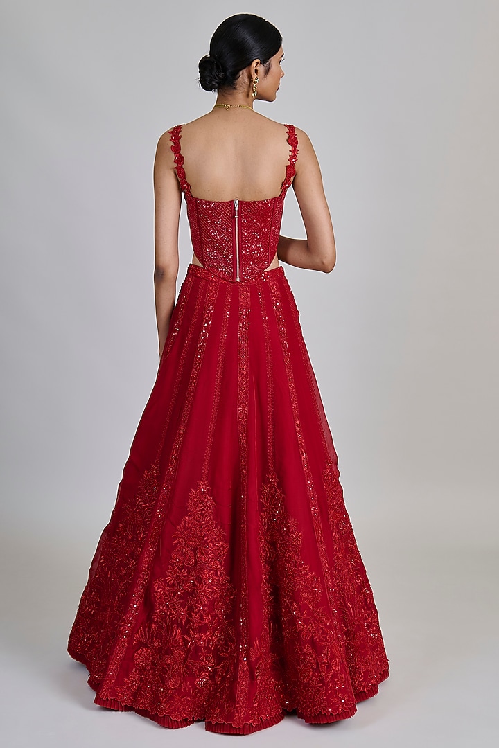 Red Organza Floral Bridal Lehenga Set by Mishru at Pernia's Pop Up Shop