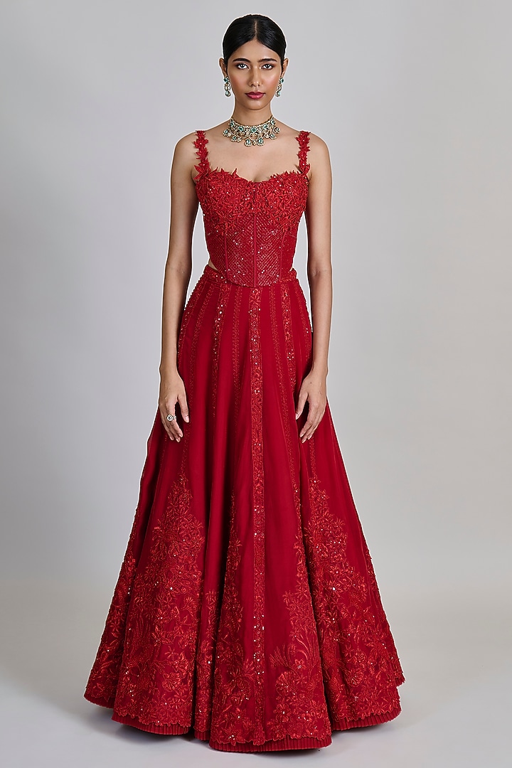 Red Organza Floral Bridal Lehenga Set by Mishru at Pernia's Pop Up Shop