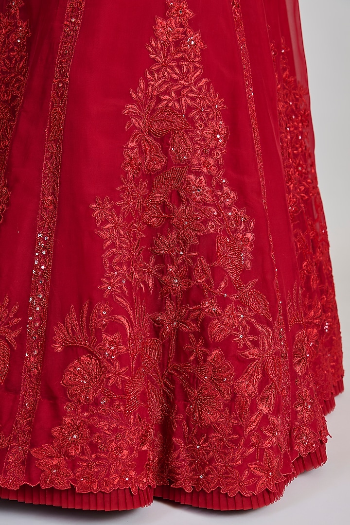 Red Organza Floral Bridal Lehenga Set by Mishru at Pernia's Pop Up Shop