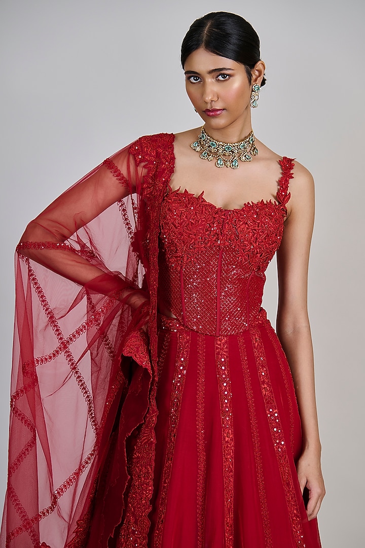 Red Organza Floral Bridal Lehenga Set by Mishru at Pernia's Pop Up Shop