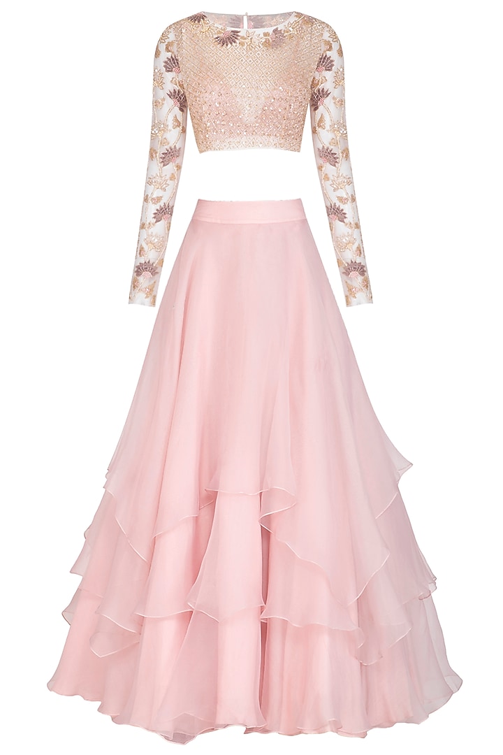 Blush Pink Embroidered Crop Top WIth Tiered Skirt by Mishru