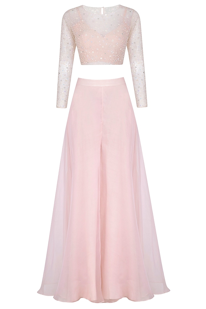 Blush Pink Embroidered Crop Top WIth Palazzo Pants by Mishru