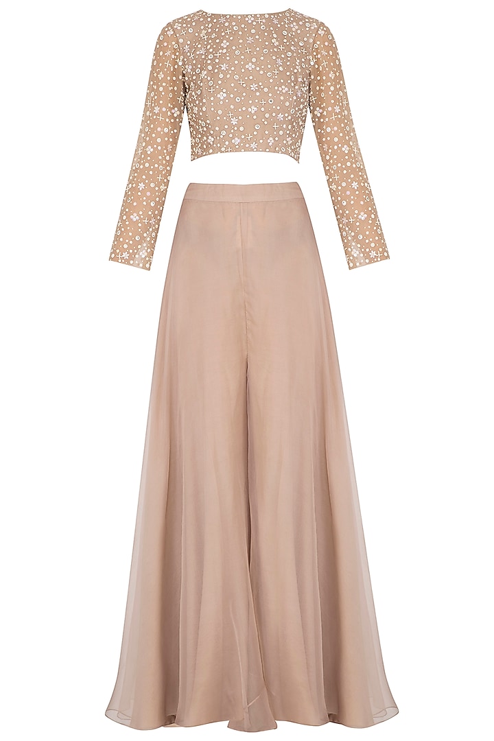 Beige Embroidered Crop Top With Palazzo Pants by Mishru