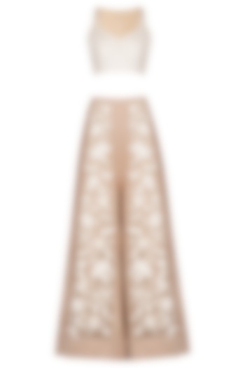 White Textured & Embroidered Crop Top With Beige Palazzo Pants by Mishru