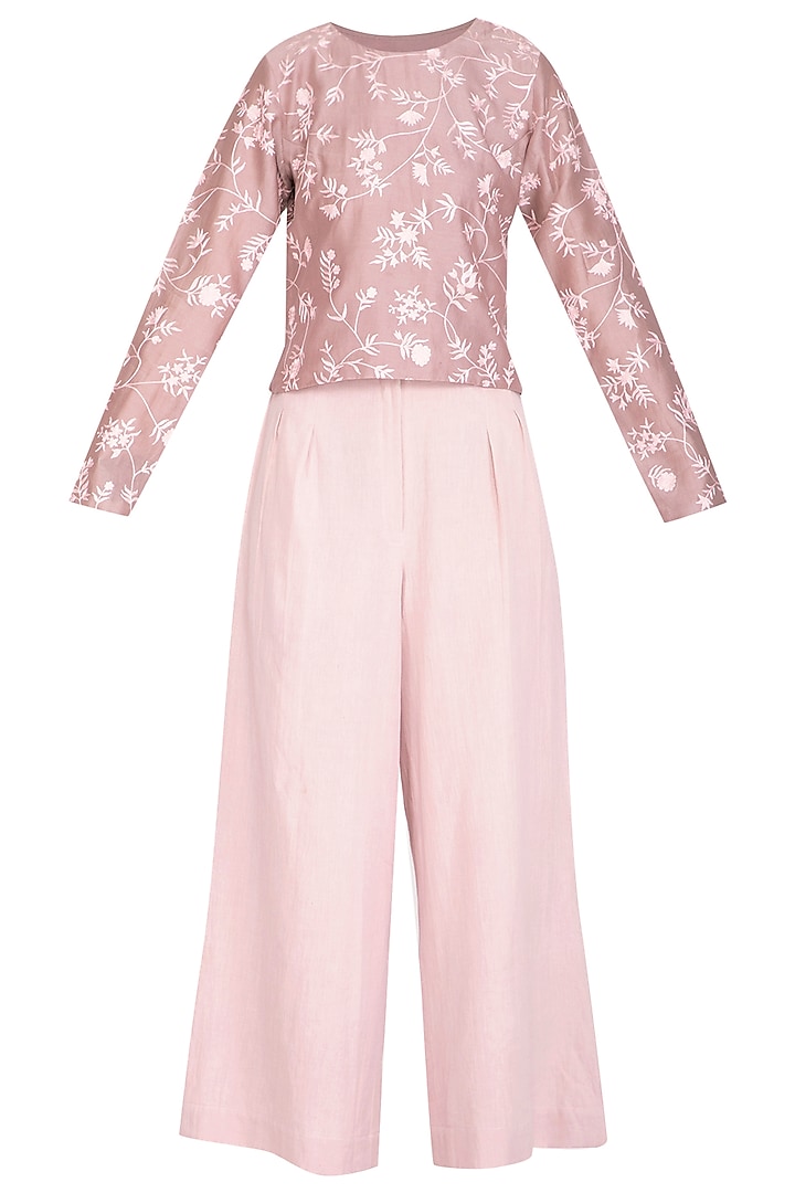 Mauve Embroidered Boxy Top With Blush Pink Culotte Pants by Mishru