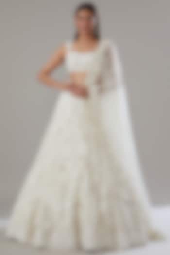Ivory Georgette Hand Embroidered Bridal Lehenga Set by Mishru at Pernia's Pop Up Shop