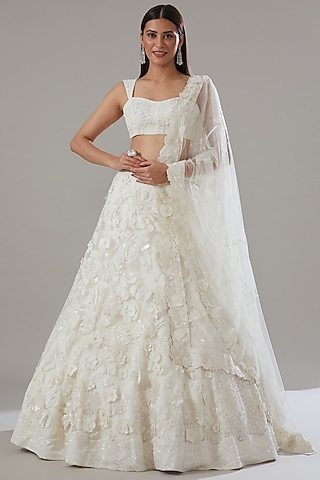 Ivory Georgette Hand Embroidered Lehenga Set by Mishru